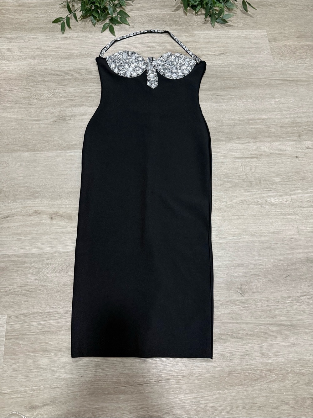 Strapless Black Bodycon Dress with Silver Crystal Detail